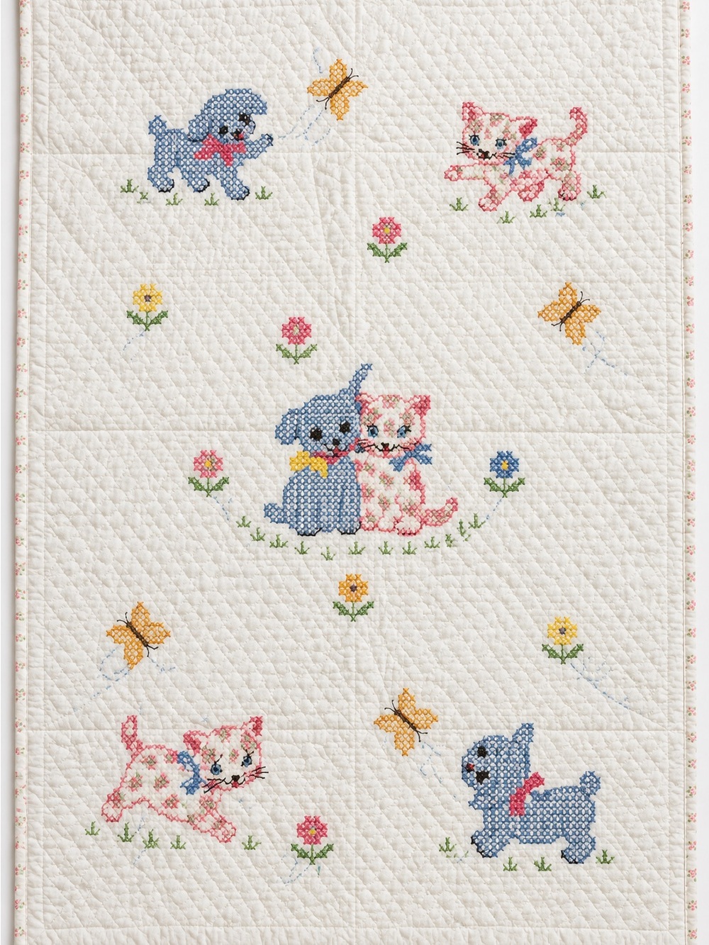 Vintage Hand Embroidered Cross Stitch Baby Quilt